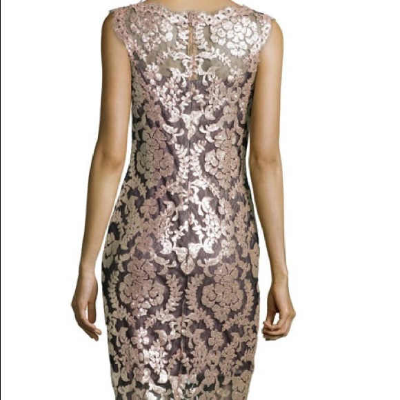 Tadashi Shoji gray lace illusion high neck cocktail dress gold sequins size 10 - Picture 3 of 11